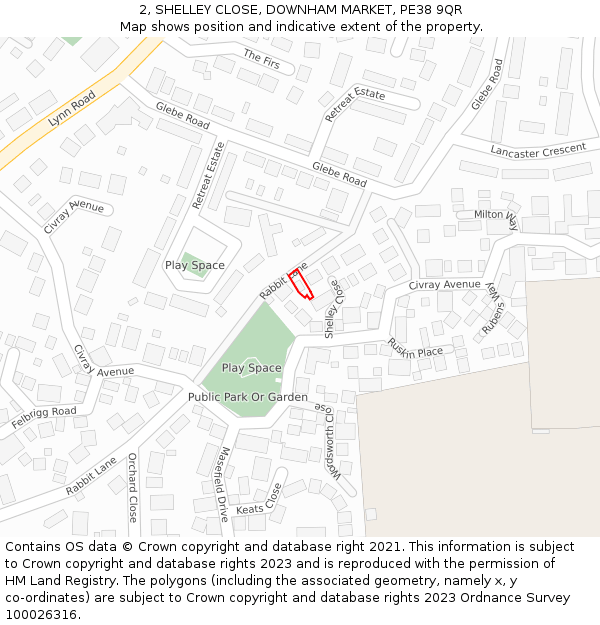 2, SHELLEY CLOSE, DOWNHAM MARKET, PE38 9QR: Location map and indicative extent of plot