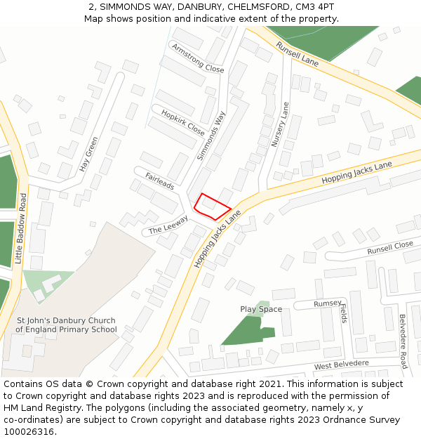 2, SIMMONDS WAY, DANBURY, CHELMSFORD, CM3 4PT: Location map and indicative extent of plot