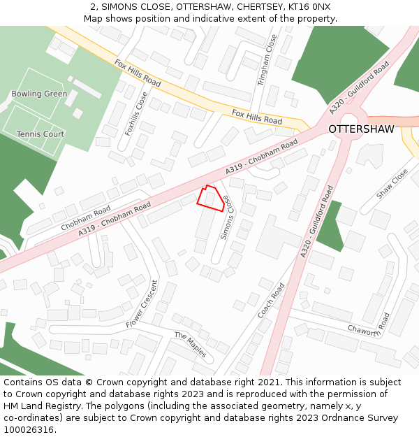 2, SIMONS CLOSE, OTTERSHAW, CHERTSEY, KT16 0NX: Location map and indicative extent of plot