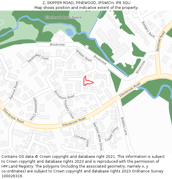 2, SKIPPER ROAD, PINEWOOD, IPSWICH, IP8 3QU: Location map and indicative extent of plot