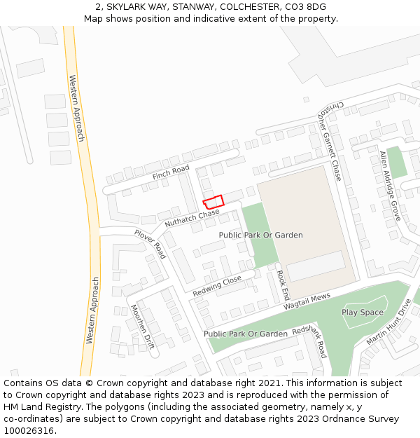 2, SKYLARK WAY, STANWAY, COLCHESTER, CO3 8DG: Location map and indicative extent of plot