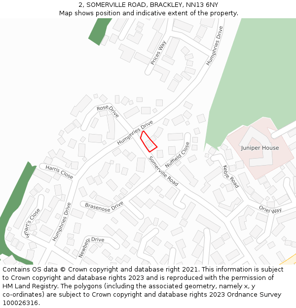 2, SOMERVILLE ROAD, BRACKLEY, NN13 6NY: Location map and indicative extent of plot