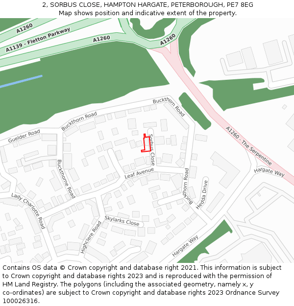2, SORBUS CLOSE, HAMPTON HARGATE, PETERBOROUGH, PE7 8EG: Location map and indicative extent of plot