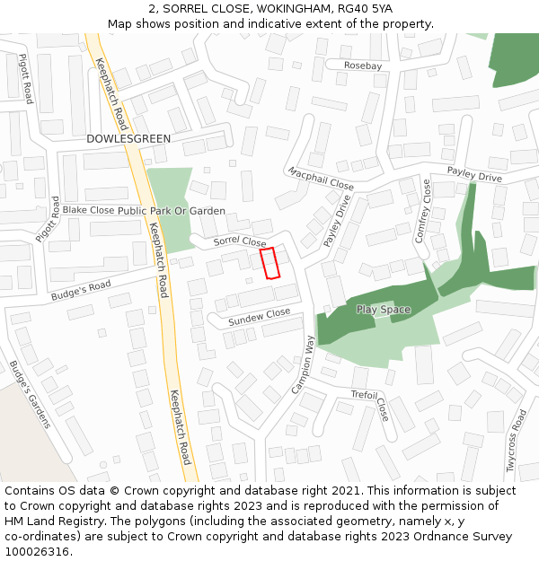 2, SORREL CLOSE, WOKINGHAM, RG40 5YA: Location map and indicative extent of plot