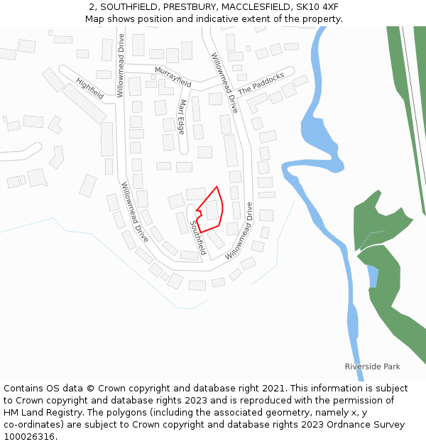 2, SOUTHFIELD, PRESTBURY, MACCLESFIELD, SK10 4XF: Location map and indicative extent of plot