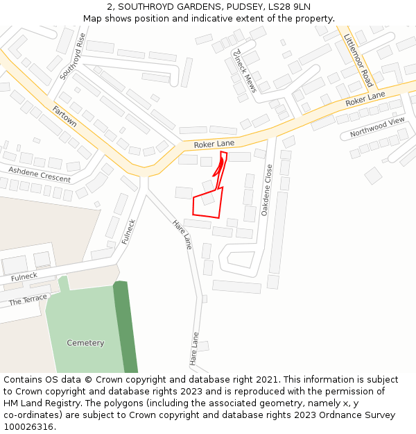2, SOUTHROYD GARDENS, PUDSEY, LS28 9LN: Location map and indicative extent of plot