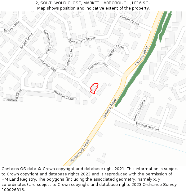2, SOUTHWOLD CLOSE, MARKET HARBOROUGH, LE16 9GU: Location map and indicative extent of plot