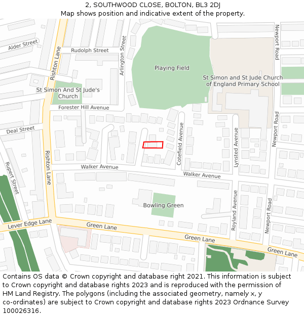 2, SOUTHWOOD CLOSE, BOLTON, BL3 2DJ: Location map and indicative extent of plot