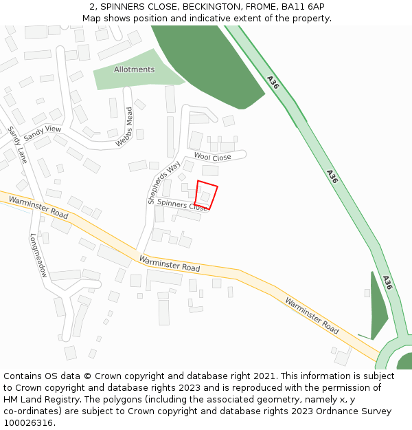 2, SPINNERS CLOSE, BECKINGTON, FROME, BA11 6AP: Location map and indicative extent of plot