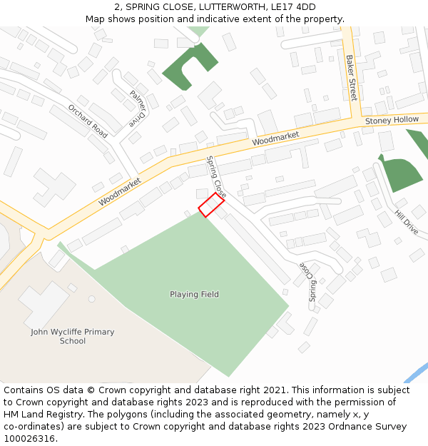 2, SPRING CLOSE, LUTTERWORTH, LE17 4DD: Location map and indicative extent of plot