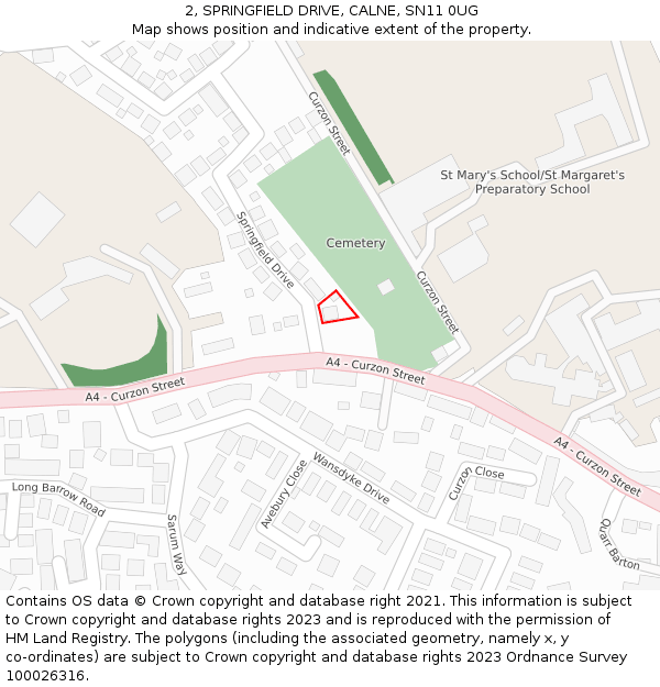 2, SPRINGFIELD DRIVE, CALNE, SN11 0UG: Location map and indicative extent of plot