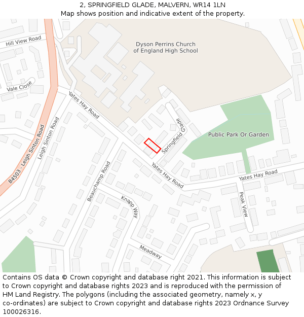 2, SPRINGFIELD GLADE, MALVERN, WR14 1LN: Location map and indicative extent of plot