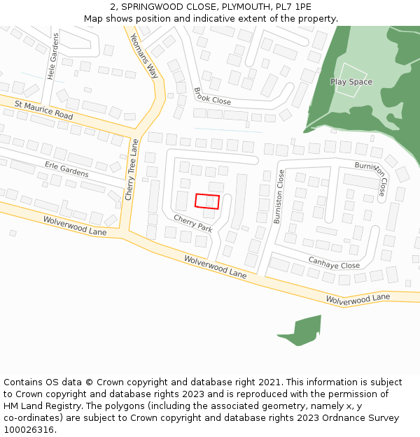 2, SPRINGWOOD CLOSE, PLYMOUTH, PL7 1PE: Location map and indicative extent of plot