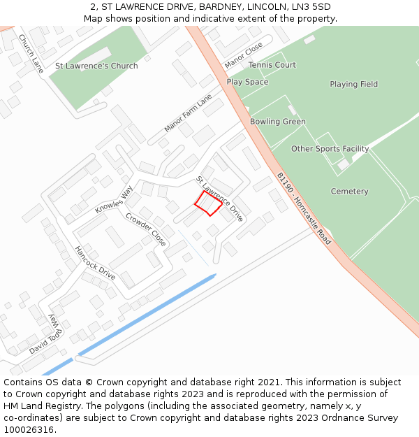 2, ST LAWRENCE DRIVE, BARDNEY, LINCOLN, LN3 5SD: Location map and indicative extent of plot
