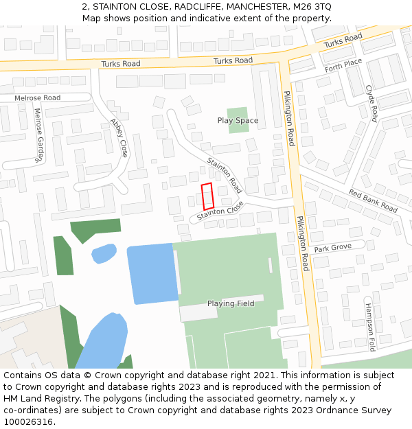 2, STAINTON CLOSE, RADCLIFFE, MANCHESTER, M26 3TQ: Location map and indicative extent of plot