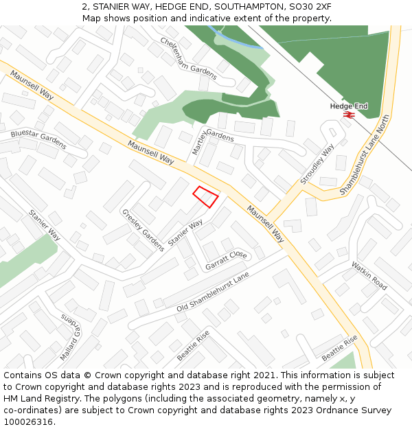 2, STANIER WAY, HEDGE END, SOUTHAMPTON, SO30 2XF: Location map and indicative extent of plot