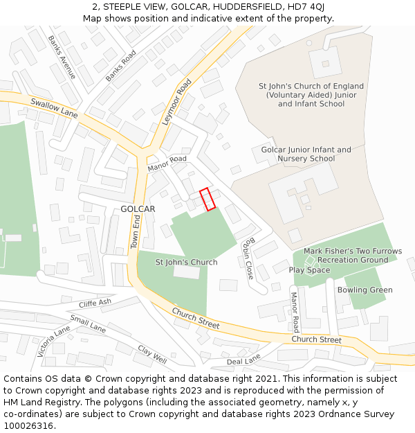 2, STEEPLE VIEW, GOLCAR, HUDDERSFIELD, HD7 4QJ: Location map and indicative extent of plot