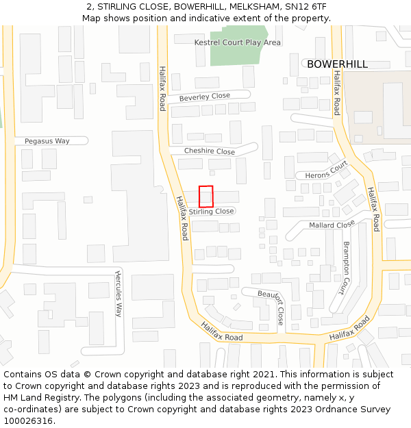 2, STIRLING CLOSE, BOWERHILL, MELKSHAM, SN12 6TF: Location map and indicative extent of plot