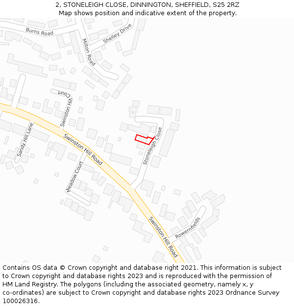 2, STONELEIGH CLOSE, DINNINGTON, SHEFFIELD, S25 2RZ: Location map and indicative extent of plot