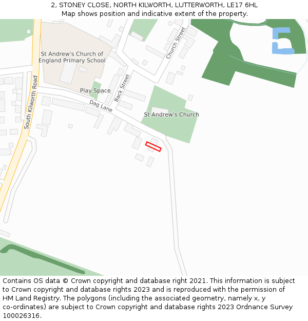2, STONEY CLOSE, NORTH KILWORTH, LUTTERWORTH, LE17 6HL: Location map and indicative extent of plot