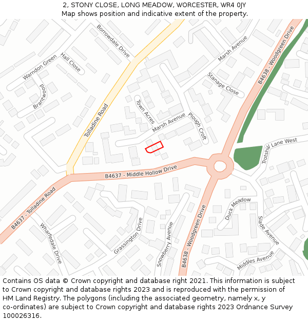 2, STONY CLOSE, LONG MEADOW, WORCESTER, WR4 0JY: Location map and indicative extent of plot