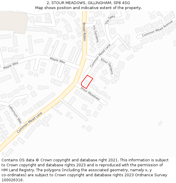 2, STOUR MEADOWS, GILLINGHAM, SP8 4SG: Location map and indicative extent of plot