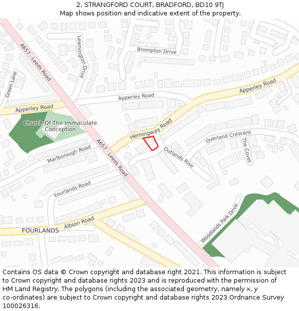 2, STRANGFORD COURT, BRADFORD, BD10 9TJ: Location map and indicative extent of plot
