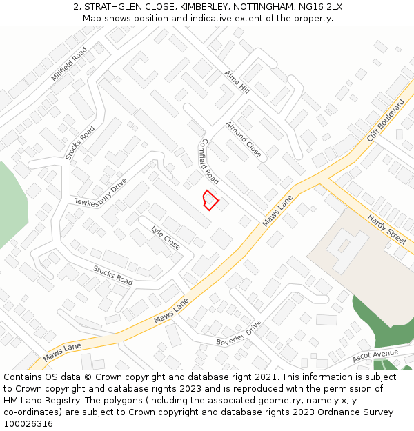 2, STRATHGLEN CLOSE, KIMBERLEY, NOTTINGHAM, NG16 2LX: Location map and indicative extent of plot