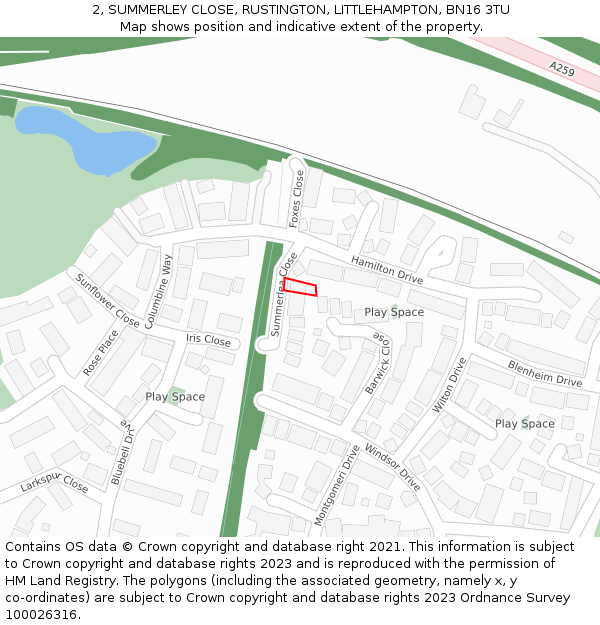 2, SUMMERLEY CLOSE, RUSTINGTON, LITTLEHAMPTON, BN16 3TU: Location map and indicative extent of plot