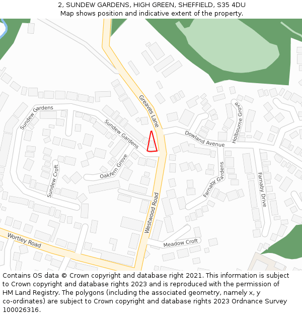 2, SUNDEW GARDENS, HIGH GREEN, SHEFFIELD, S35 4DU: Location map and indicative extent of plot