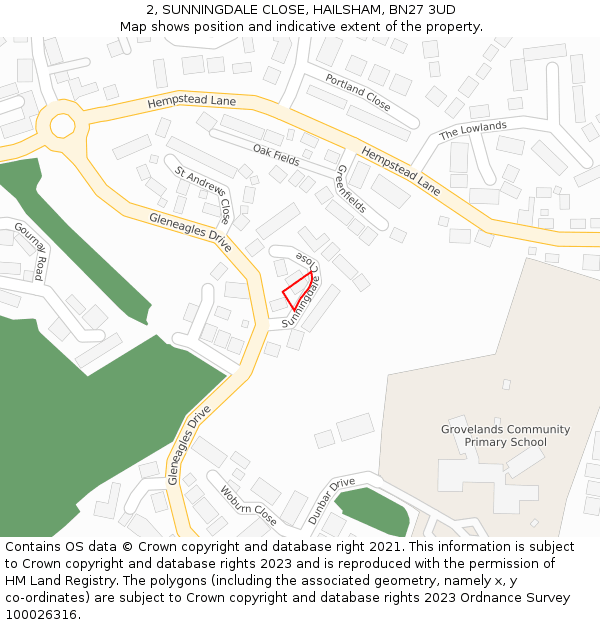 2, SUNNINGDALE CLOSE, HAILSHAM, BN27 3UD: Location map and indicative extent of plot