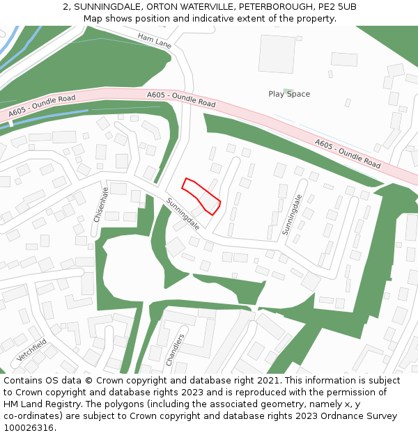 2, SUNNINGDALE, ORTON WATERVILLE, PETERBOROUGH, PE2 5UB: Location map and indicative extent of plot