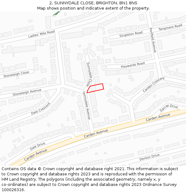 2, SUNNYDALE CLOSE, BRIGHTON, BN1 8NS: Location map and indicative extent of plot