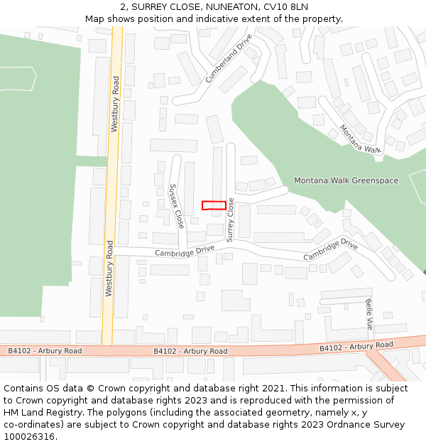 2, SURREY CLOSE, NUNEATON, CV10 8LN: Location map and indicative extent of plot