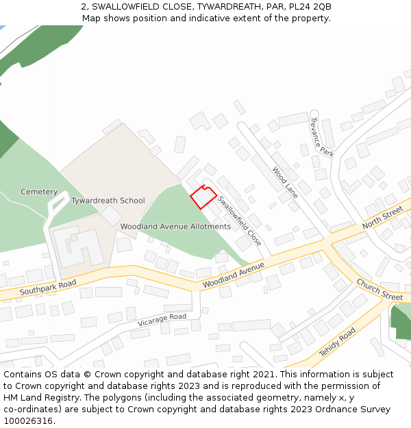2, SWALLOWFIELD CLOSE, TYWARDREATH, PAR, PL24 2QB: Location map and indicative extent of plot