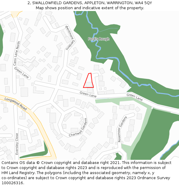 2, SWALLOWFIELD GARDENS, APPLETON, WARRINGTON, WA4 5QY: Location map and indicative extent of plot