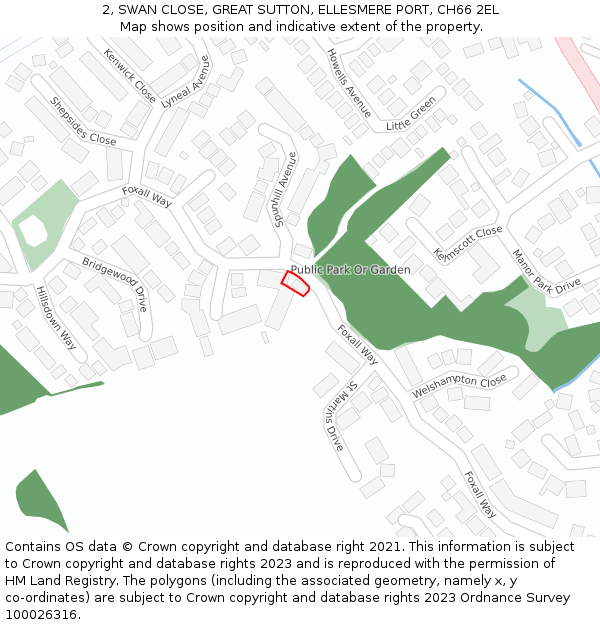 2, SWAN CLOSE, GREAT SUTTON, ELLESMERE PORT, CH66 2EL: Location map and indicative extent of plot