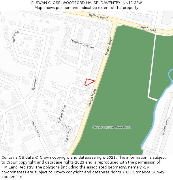 2, SWAN CLOSE, WOODFORD HALSE, DAVENTRY, NN11 3EW: Location map and indicative extent of plot
