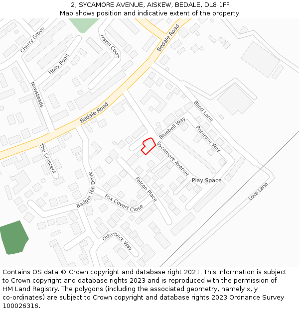 2, SYCAMORE AVENUE, AISKEW, BEDALE, DL8 1FF: Location map and indicative extent of plot