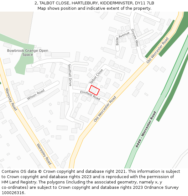 2, TALBOT CLOSE, HARTLEBURY, KIDDERMINSTER, DY11 7LB: Location map and indicative extent of plot