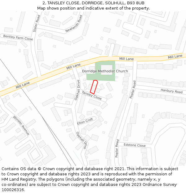 2, TANSLEY CLOSE, DORRIDGE, SOLIHULL, B93 8UB: Location map and indicative extent of plot