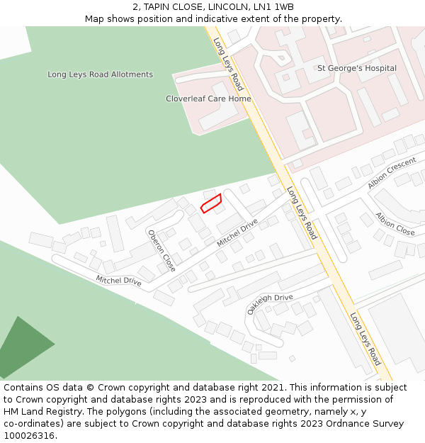 2, TAPIN CLOSE, LINCOLN, LN1 1WB: Location map and indicative extent of plot