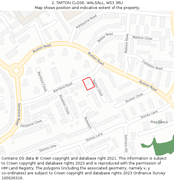 2, TAPTON CLOSE, WALSALL, WS3 3RU: Location map and indicative extent of plot