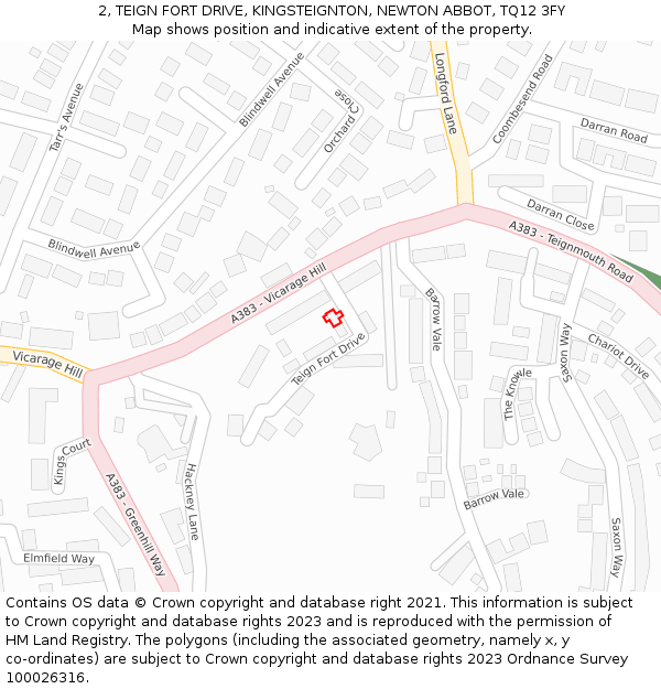 2, TEIGN FORT DRIVE, KINGSTEIGNTON, NEWTON ABBOT, TQ12 3FY: Location map and indicative extent of plot