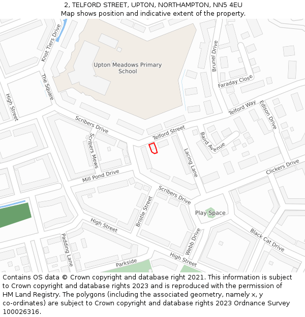 2, TELFORD STREET, UPTON, NORTHAMPTON, NN5 4EU: Location map and indicative extent of plot