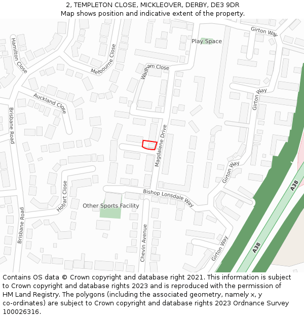 2, TEMPLETON CLOSE, MICKLEOVER, DERBY, DE3 9DR: Location map and indicative extent of plot