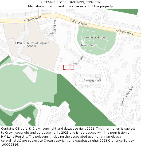 2, TENNIS CLOSE, HASTINGS, TN34 1BX: Location map and indicative extent of plot