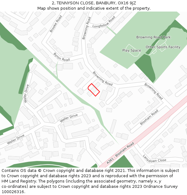 2, TENNYSON CLOSE, BANBURY, OX16 9JZ: Location map and indicative extent of plot