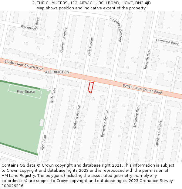 2, THE CHAUCERS, 112, NEW CHURCH ROAD, HOVE, BN3 4JB: Location map and indicative extent of plot