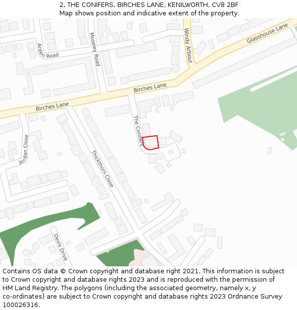 2, THE CONIFERS, BIRCHES LANE, KENILWORTH, CV8 2BF: Location map and indicative extent of plot
